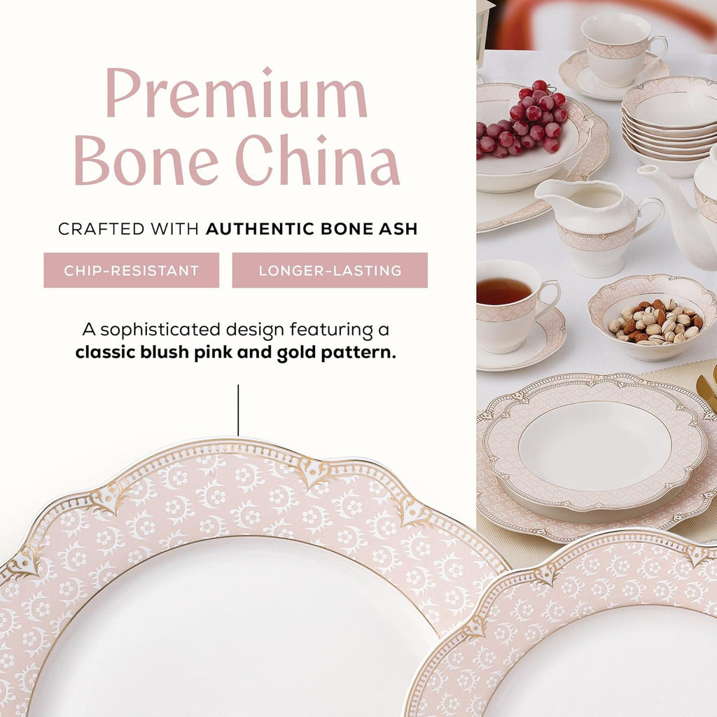 Sandra" 57-Piece Bone China Dinnerware Set, Service for 8, Blush Pink and Gold