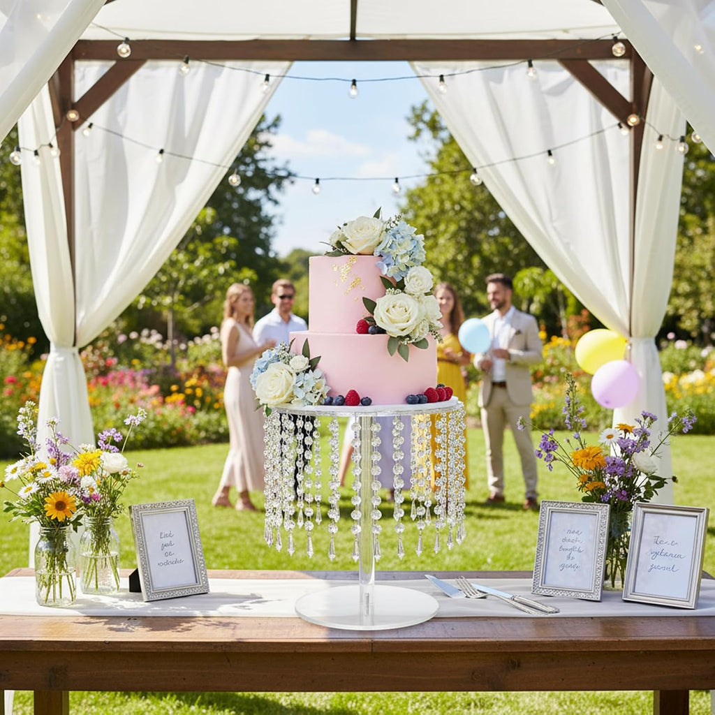 Round Cake Stand - 12 Inch Diameter Acrylic Dessert Display Stand with Crystal Chandelier, Cupcakes Serving Plate