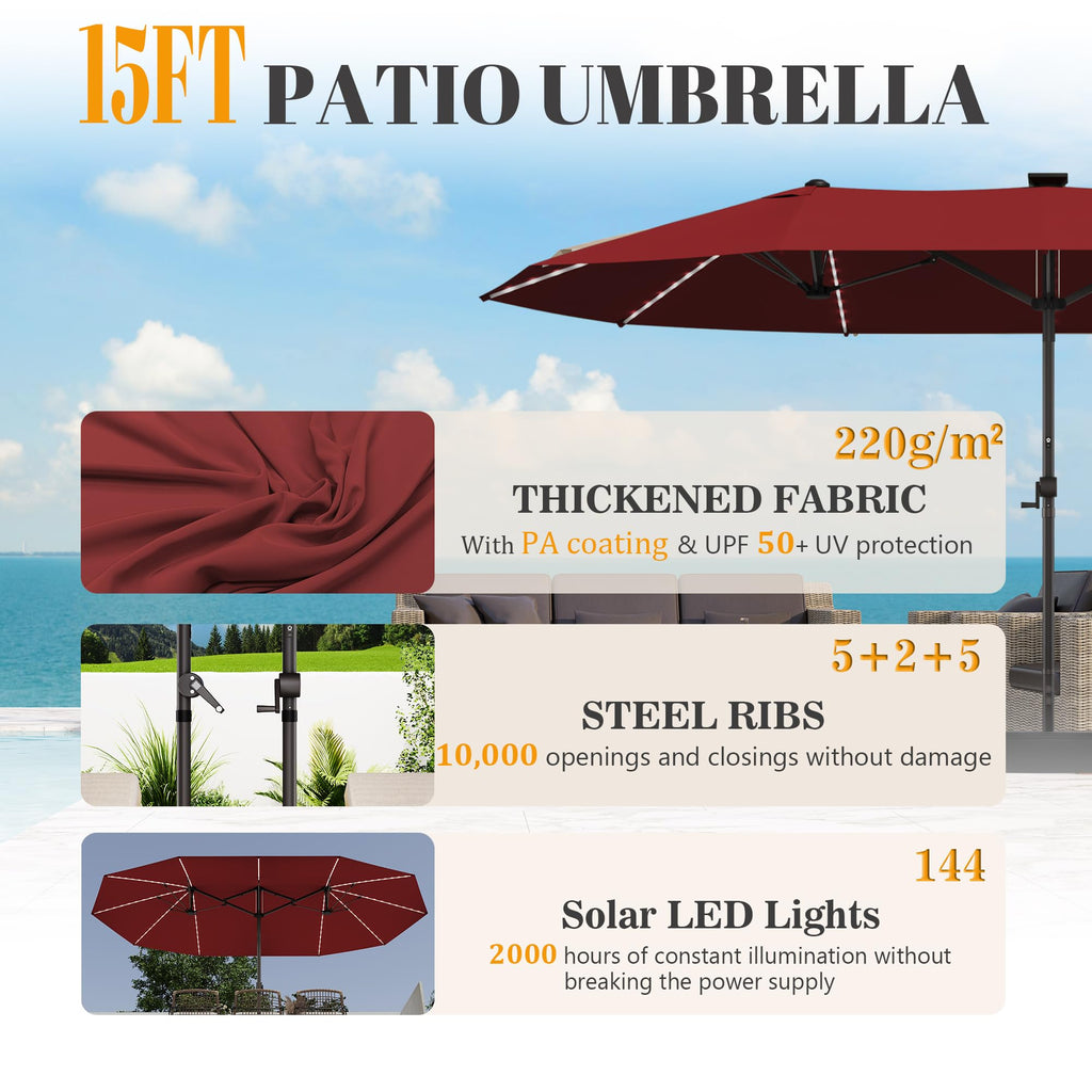 15ft Rectangular Patio Umbrella with Solar LED Lights, Double-Sided Outdoor Market Umbrella Extra Large Shade for