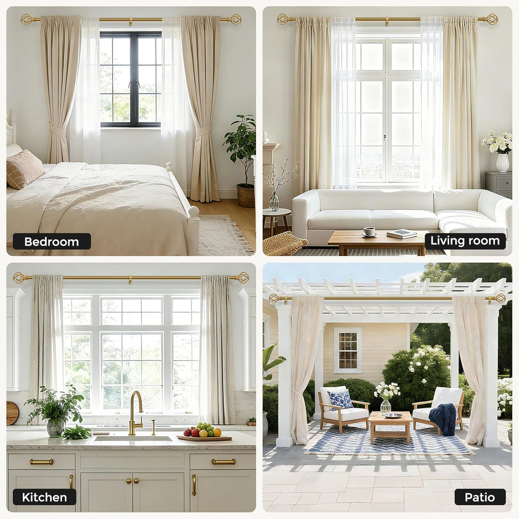 Gold Curtain Rod 36-72 Inch, Brushed Brass Decorative Curtain Rods for Windows with Twisted Cage Finials, 3/4"