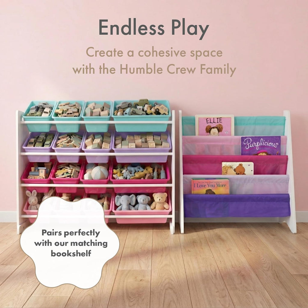 Kids Toy Organizer with 16 Bins, 4 Tier Storage | Sturdy wood and steel toddler shelf, removable BPA-free containers