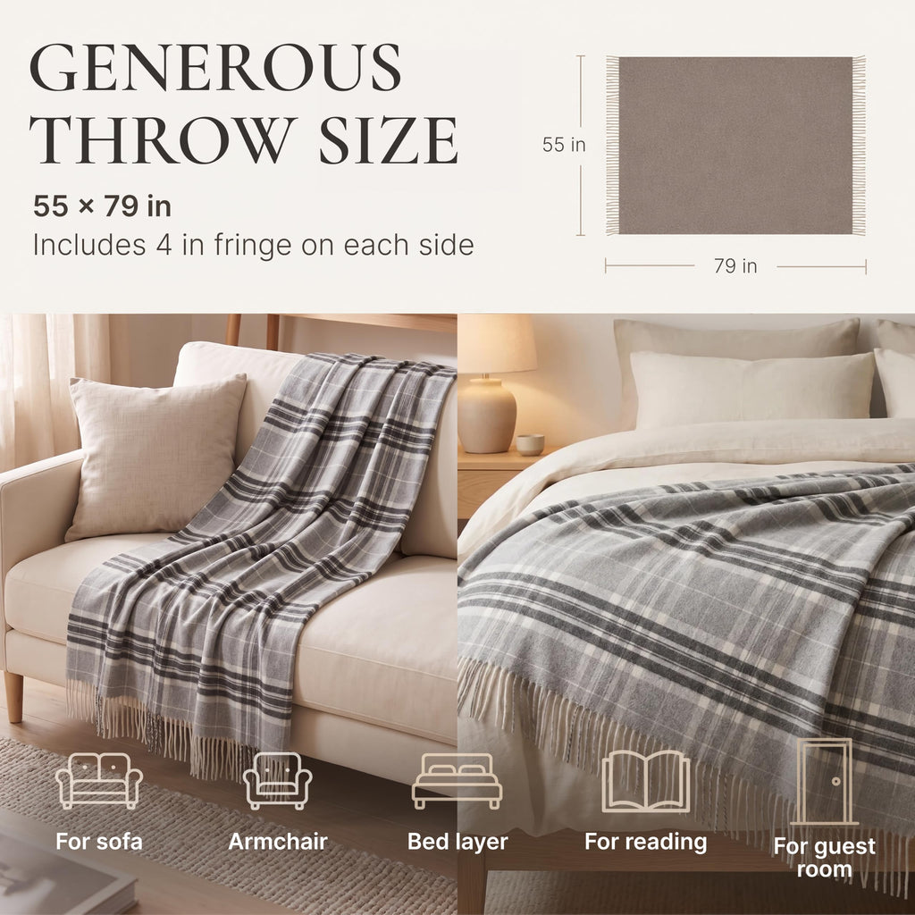 Cashmere & Merino Wool Blanket, Soft Throw for Bed & Couch, 55x79 in