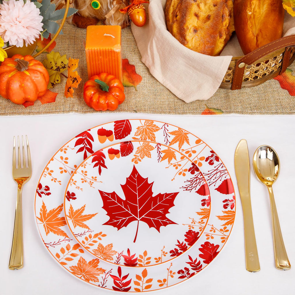 Thanksgiving Plastic Plates- Include 30 Dinner Plates, 30 Dessert Plate, 30 Forks, 30 Gold Spoons, 30 Gold