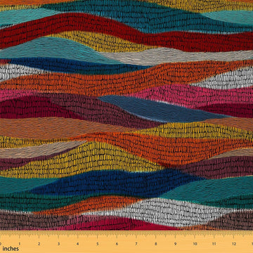 Bohemian Wavy Fabric by The Yard 36" L x 59" W, Rainbow Embroidered Waves Soft Polyester No Stretch Sewing, Geometric