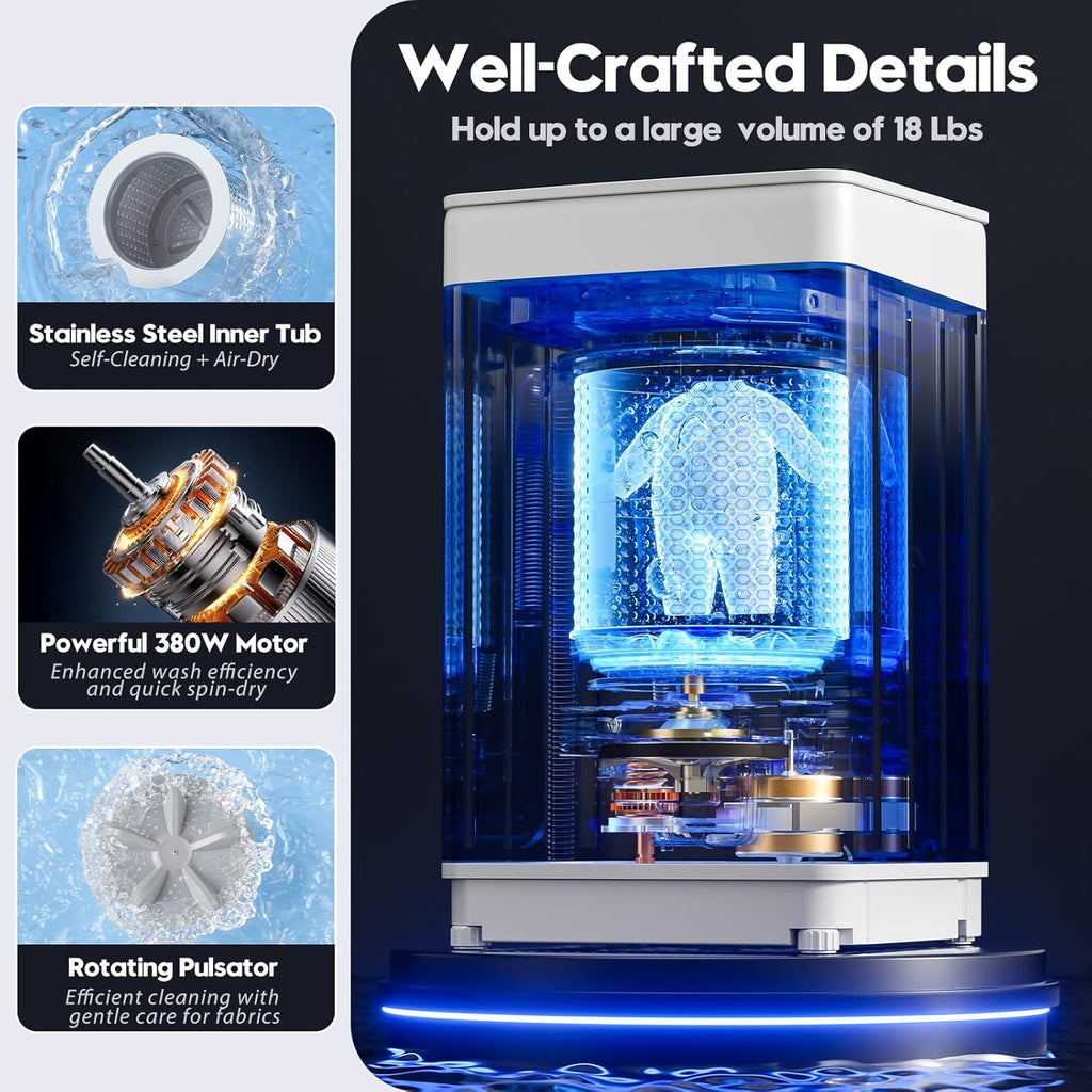 18 lbs Portable Washing Machine, Fully Automatic Portable Washer with LED Display, 7 Wash Cycles, 4 Water Levels, Top