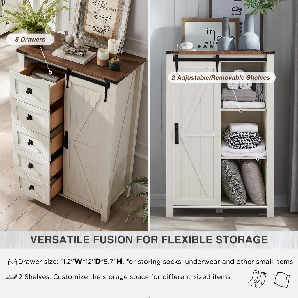 5 Drawers Dresser with Sliding Barn Doors, Antique White