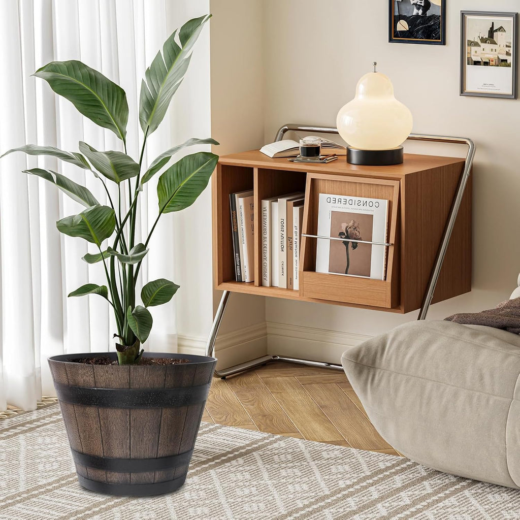 22.25 Inch Whiskey Barrel Planters 2 Pack, Large Plastic Pots Wood Design