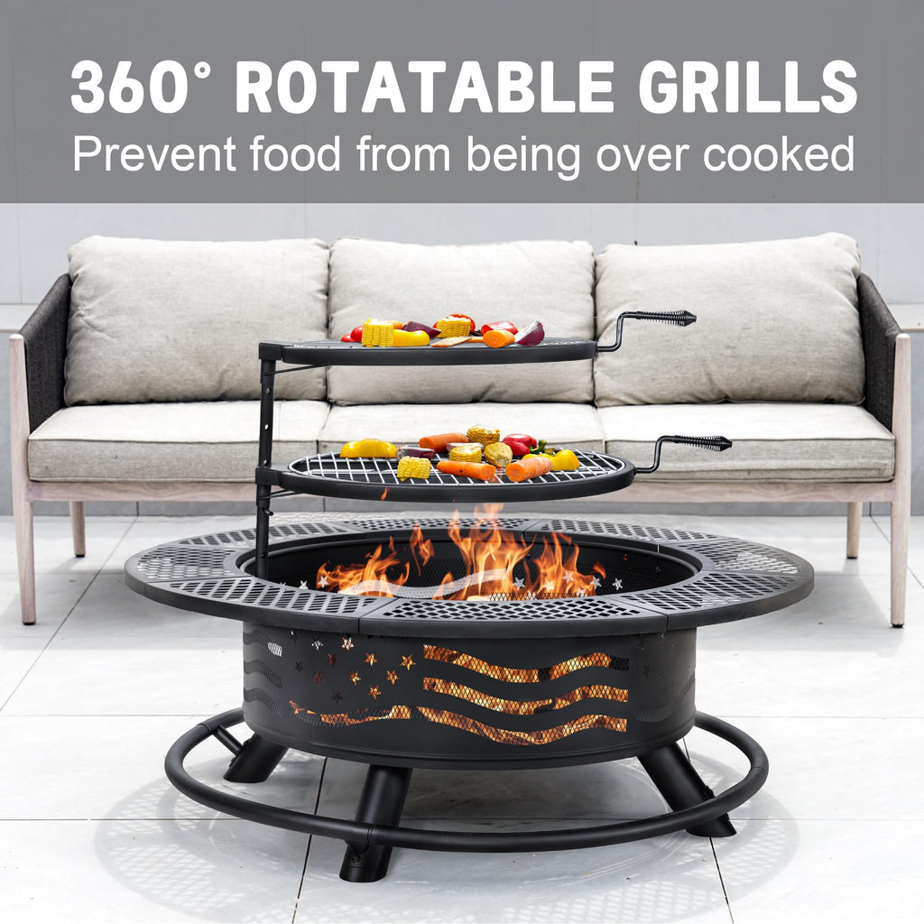 42 Inch Fire Pit with 2 Cooking Grills and Table Lid