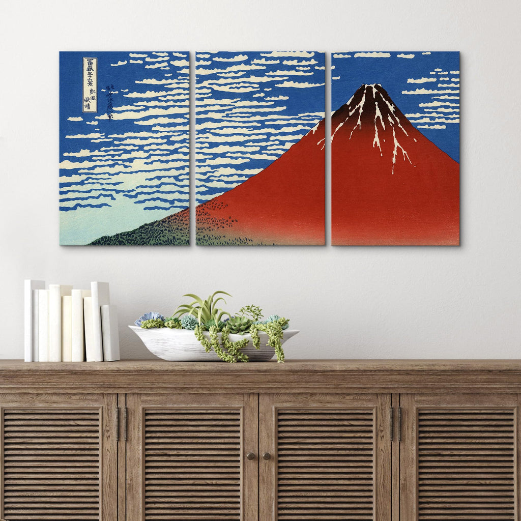 Canvas Print Wall Art Set Red Fuji, South Wind, Clear Sky by Hokusai Cultural Historic Oil Painting Fine Art