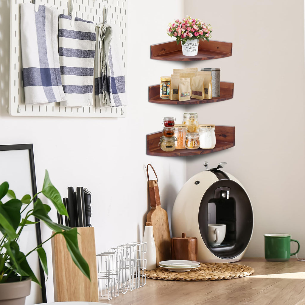 Corner Shelf Wall Mount Set of 3, Solid Acacia Wood Round Floating Corner Shelves for Storage and Display, Hanging