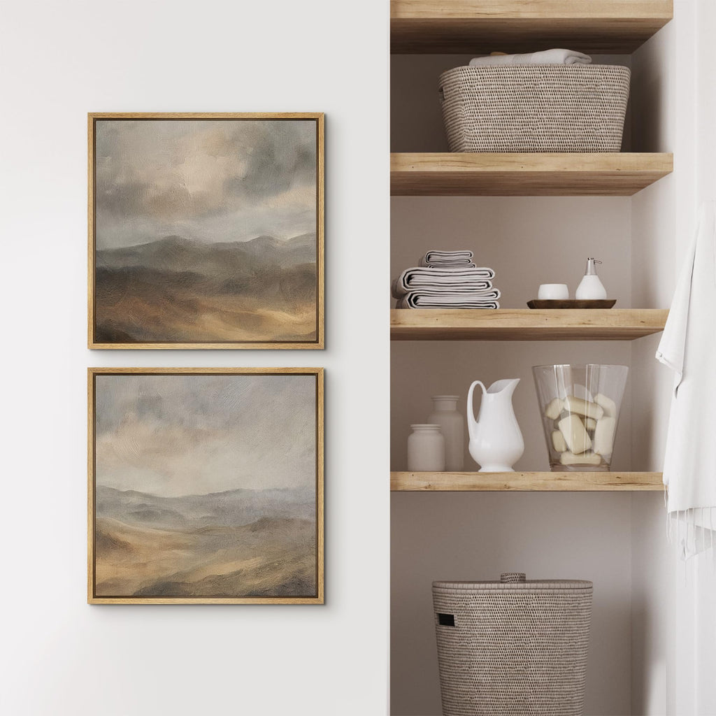 Framed Canvas Print Wall Art Set Neutral Toned Mountain Landscape Abstract Earthy Illustrations Modern Art Minimal