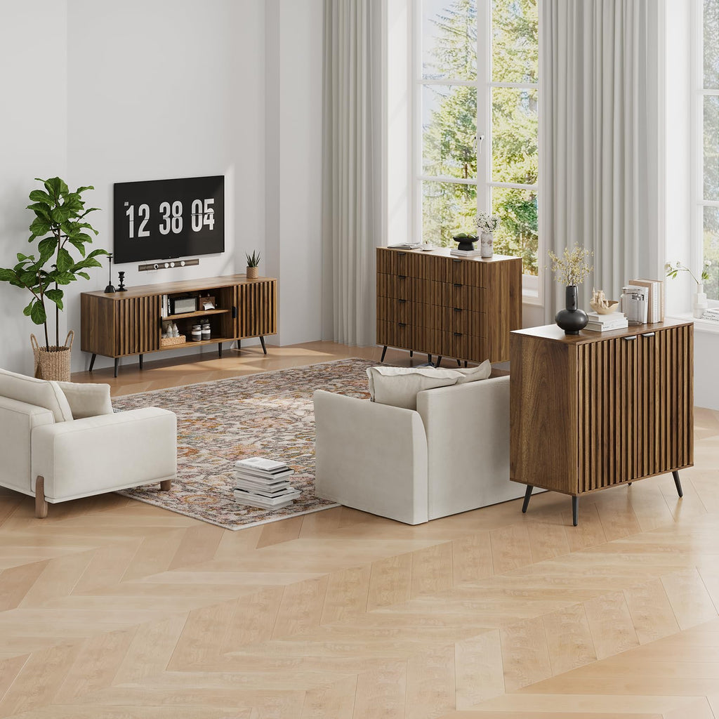Walnut Buffet Cabinet with Storage, Sideboard Cabinet with Fluted Doors and Metal Legs, Storage Cabinet with