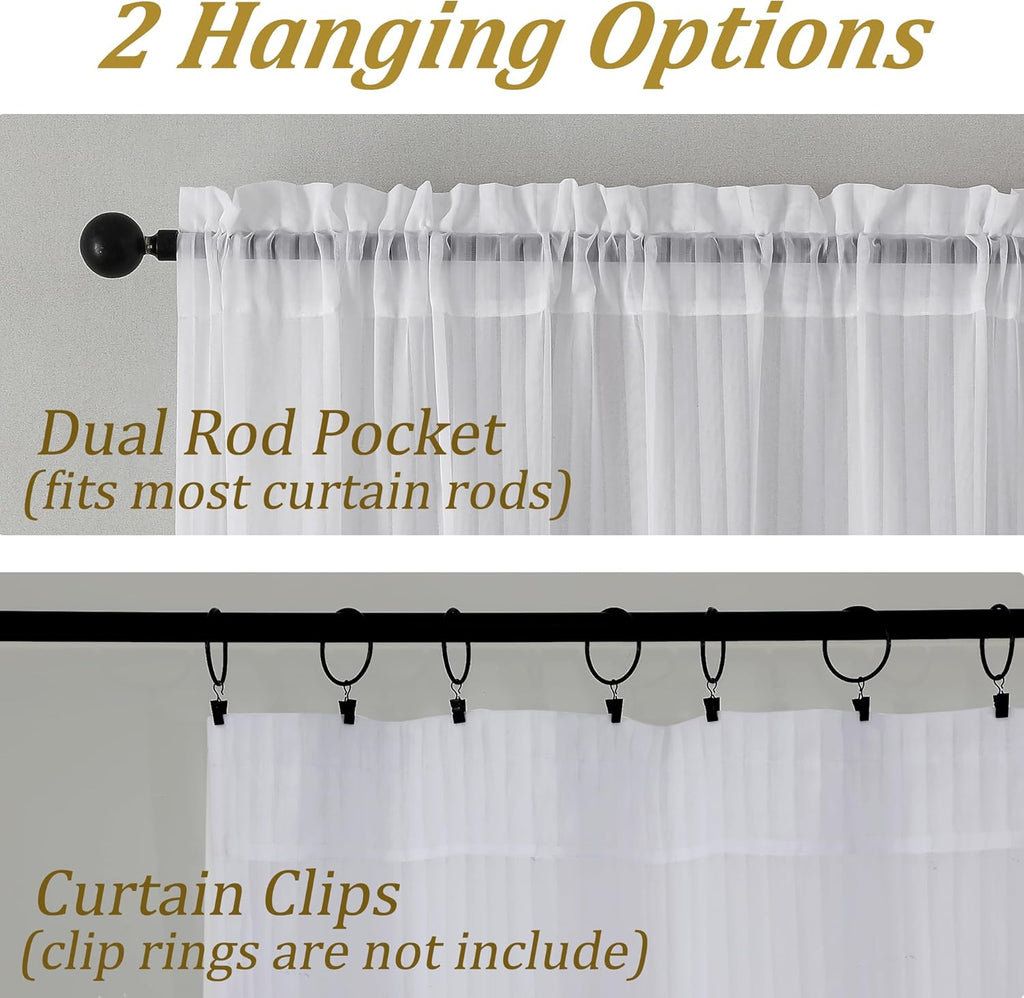 White Striped Kitchen Curtains - Short Semi Sheer Cafe Curtains Tier 36 Inch Length 2 Panels Set, Light Filtering