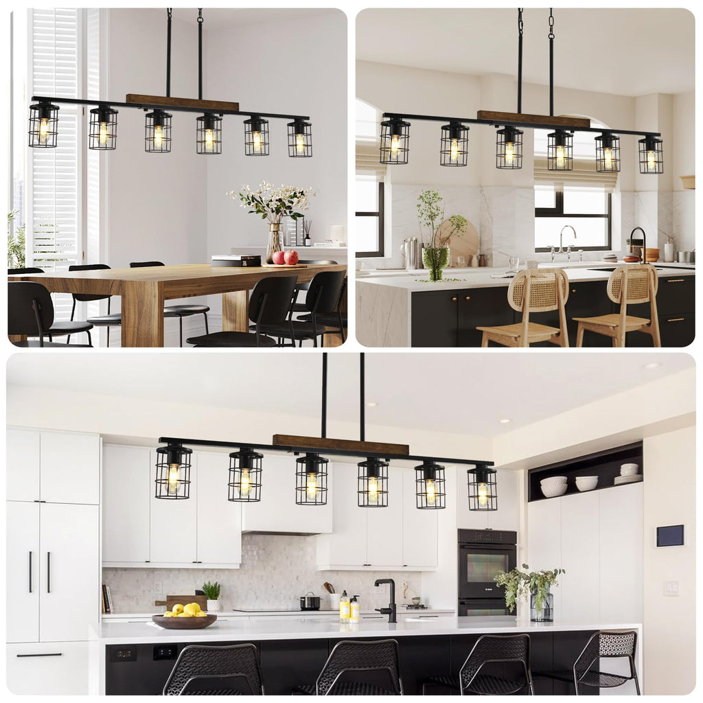 6-Light Farmhouse Kitchen Light Fixture, Rustic Wood & Metal Cage