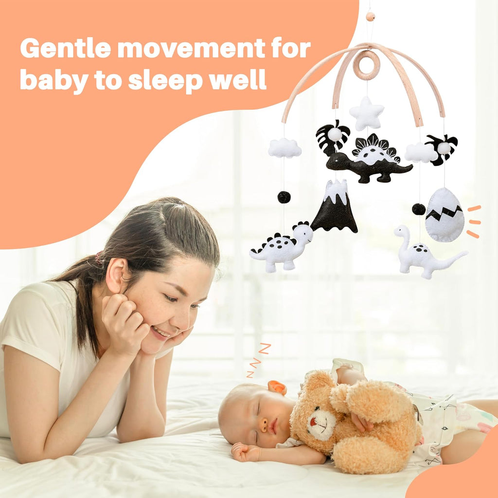Dinosaur Crib Mobile - High-Contrast Black & White Nursery Decor for Newborn Baby Room, for Boy & Girl, Natural Wood
