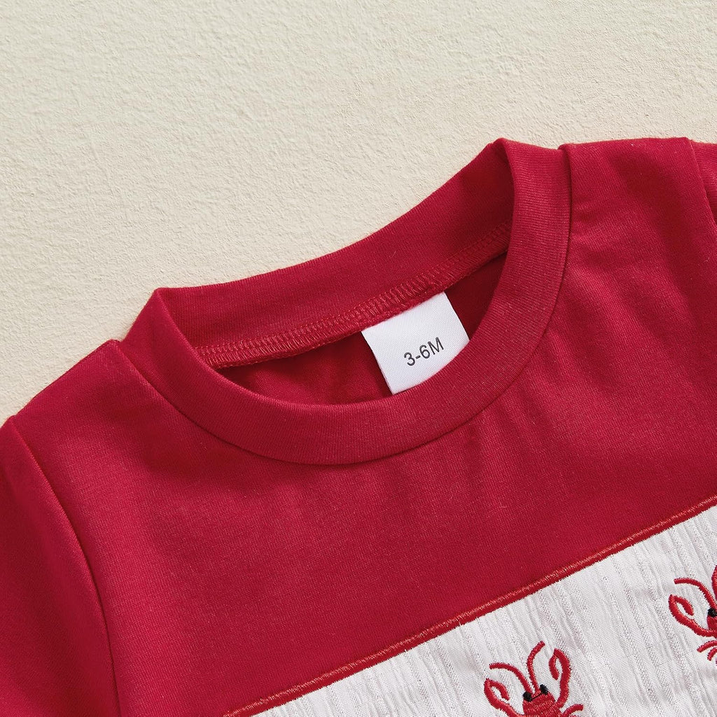 Toddler Baby Boy Summer Clothes Cute Crawfish Outfit Lobster Short Sleeve T-shirt Tops & Stripes/Gingham Shorts Set