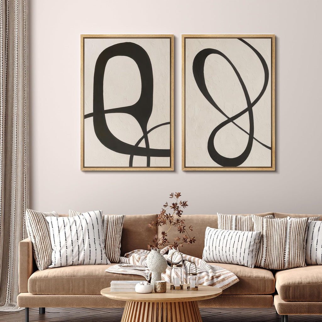 Framed Canvas Print Wall Art Set Abstract Minimalist Black Curved Line Abstract Illustration Modern Art Decorative