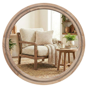 Solid Wood 36 Inch Round Beaded Wall Decor Mirror, Natural Wood