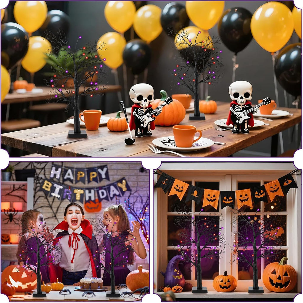 Halloween Decorations Indoor - 2Pack 24 Inch Spooky Black Tree with Lights, Lighted Tabletop Tree with Timer - Set of 2