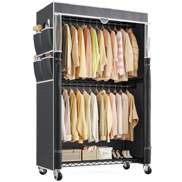 Clothes Rack with Cover, Rolling Portable Closet, 2 Rods & 2 shelves