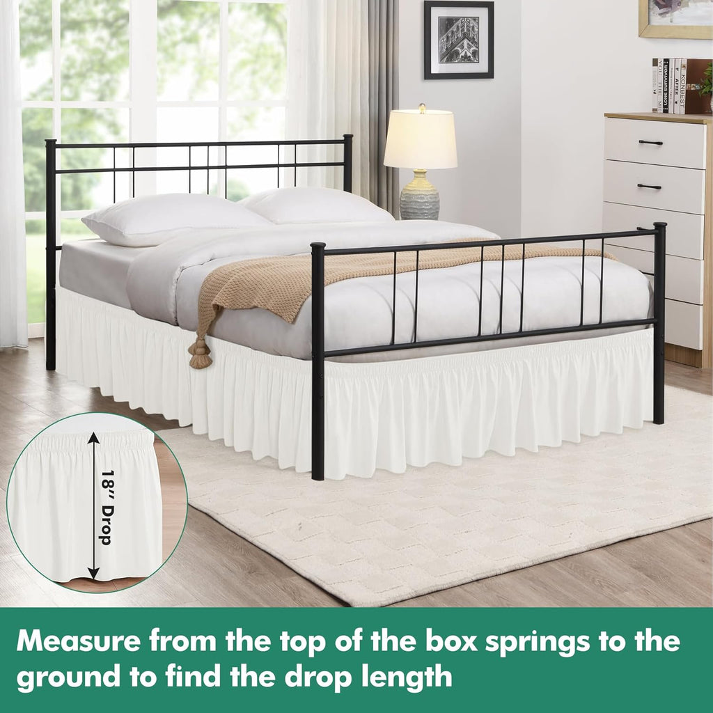 Wrap Around Queen Size Bed Skirt Split Corner 18" Drop-Elastic Dust Ruffle | Ivory Adjustable Pleated Bedskirt-Easy