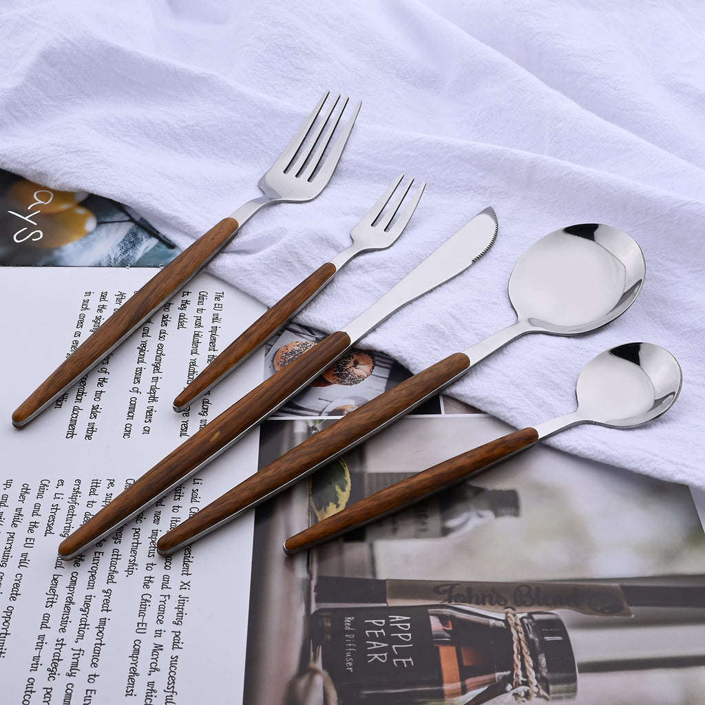 Stainless Steel Silverware Set Wooden Effect Handle Flatware