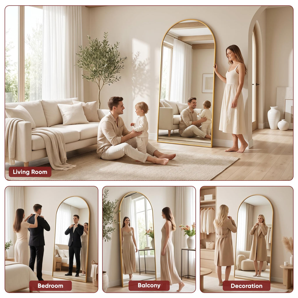 72" x 44" Arched Full Length Floor Mirror, Aluminum Frame, Gold