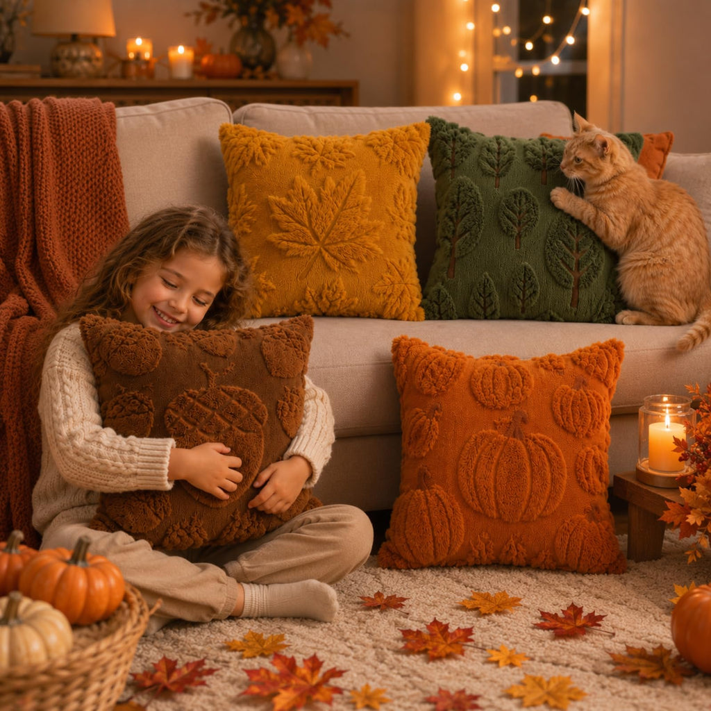 4 Pcs Fall Throw Pillow Covers 18 x 18 Inch Embroidered Pillow Cases