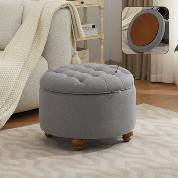 24Inch Round Storage Ottoman with Tray, Modern Tufted Fabric Circle Coffee Table with Storage, Upholstered Ottoman
