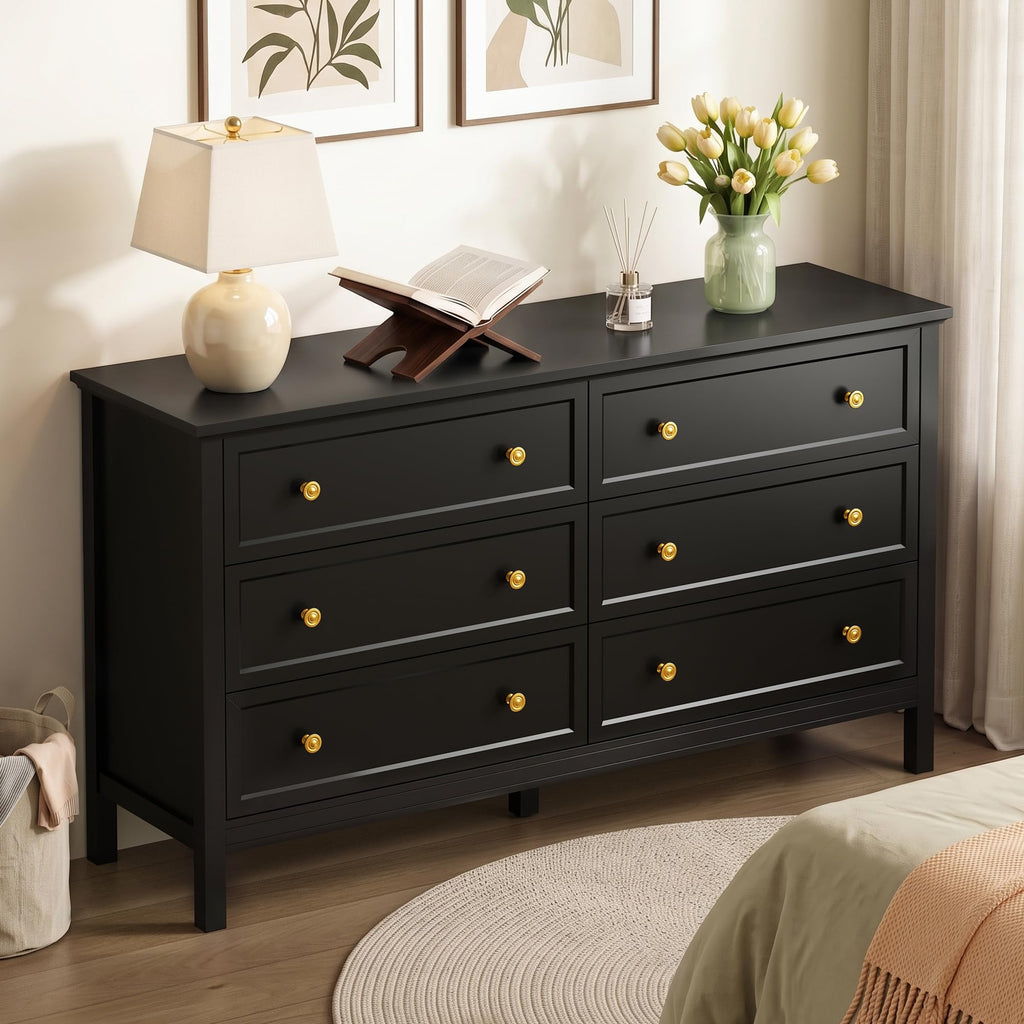 6 Drawer Black Dresser with Gold Handles, 55" Modern Dressers