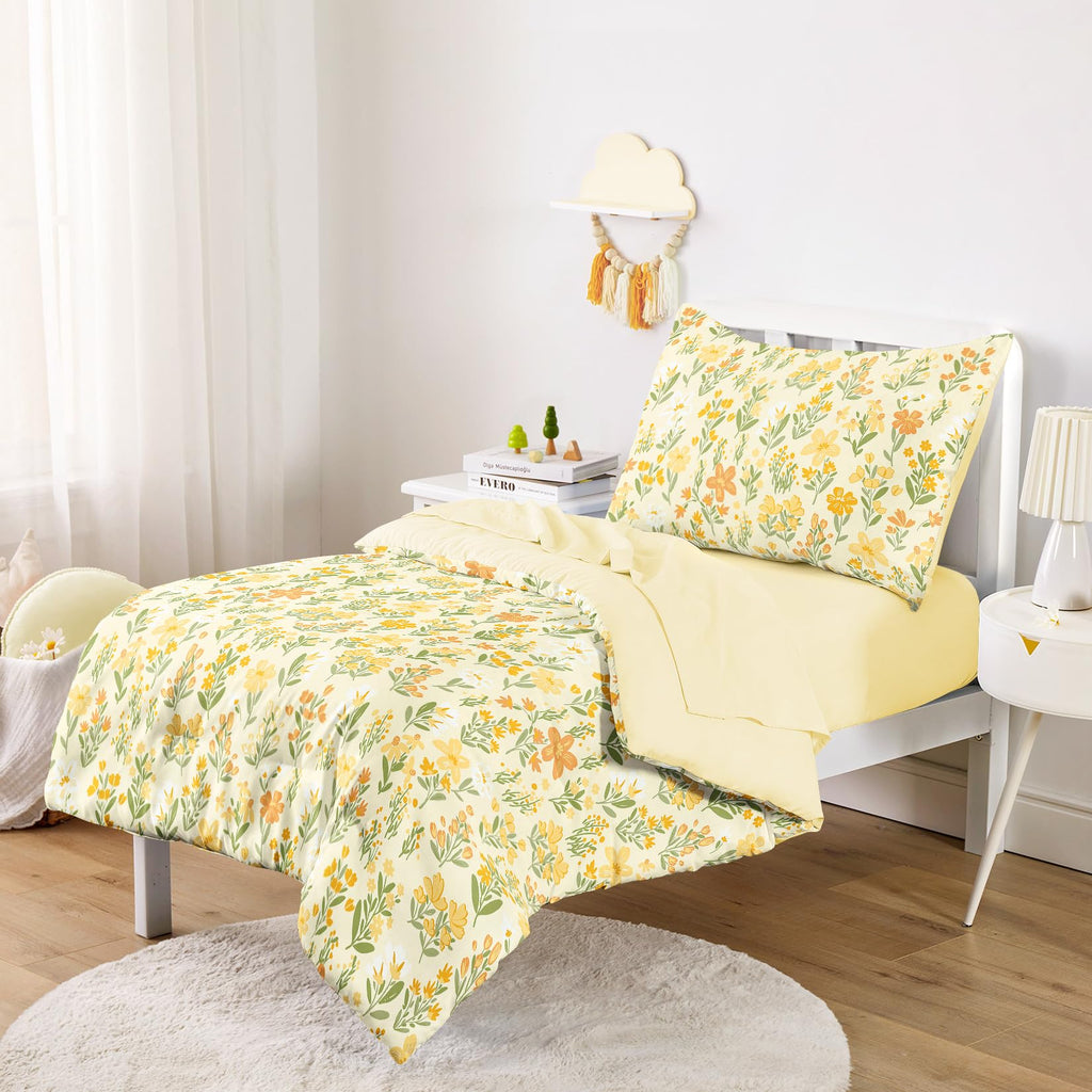 Floral Toddler Bedding Set for Girls, Cute Colorful Botanical Flowers, 4 Pieces Soft Crib Bed Set Including