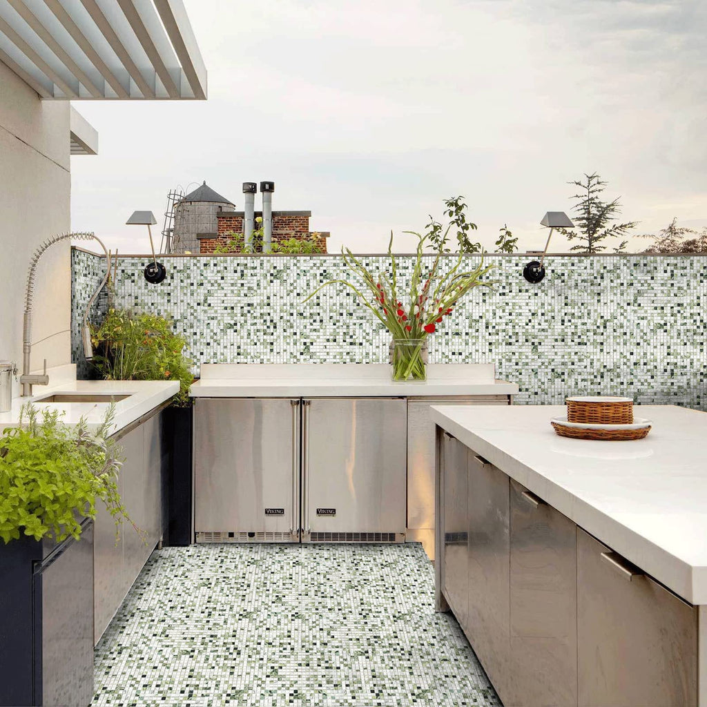 6 Sheets Emerald Green and Carrara White Marble Square Mosaic backsplash Tiles, Polished Shower Room Floor and Wall