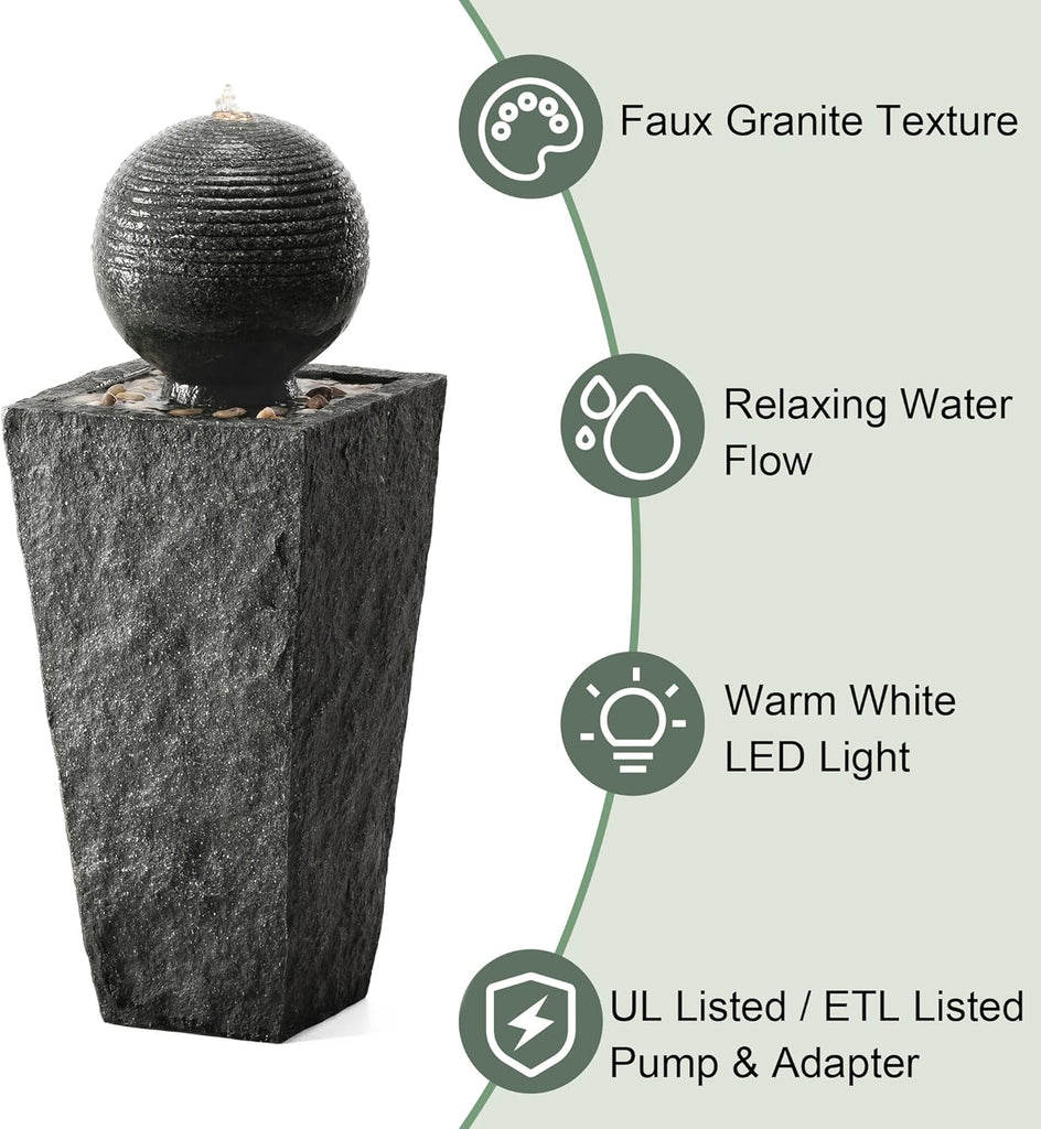 Outdoor Water Fountain with LED Light, Decorative Sphere Pedestal Outdoor Fountain with Submersible Pump