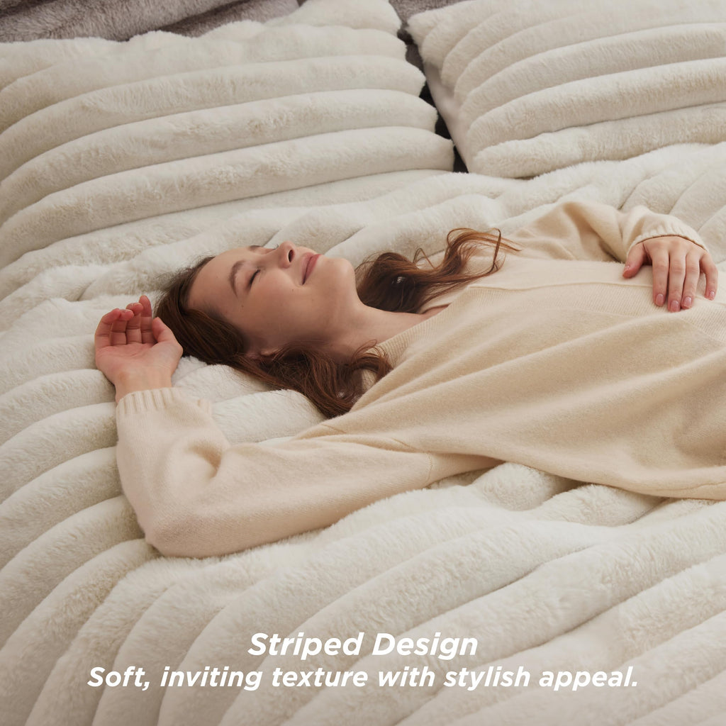 Faux Fur Queen Comforter Set, Striped Fluffy Bedding Sets Beige