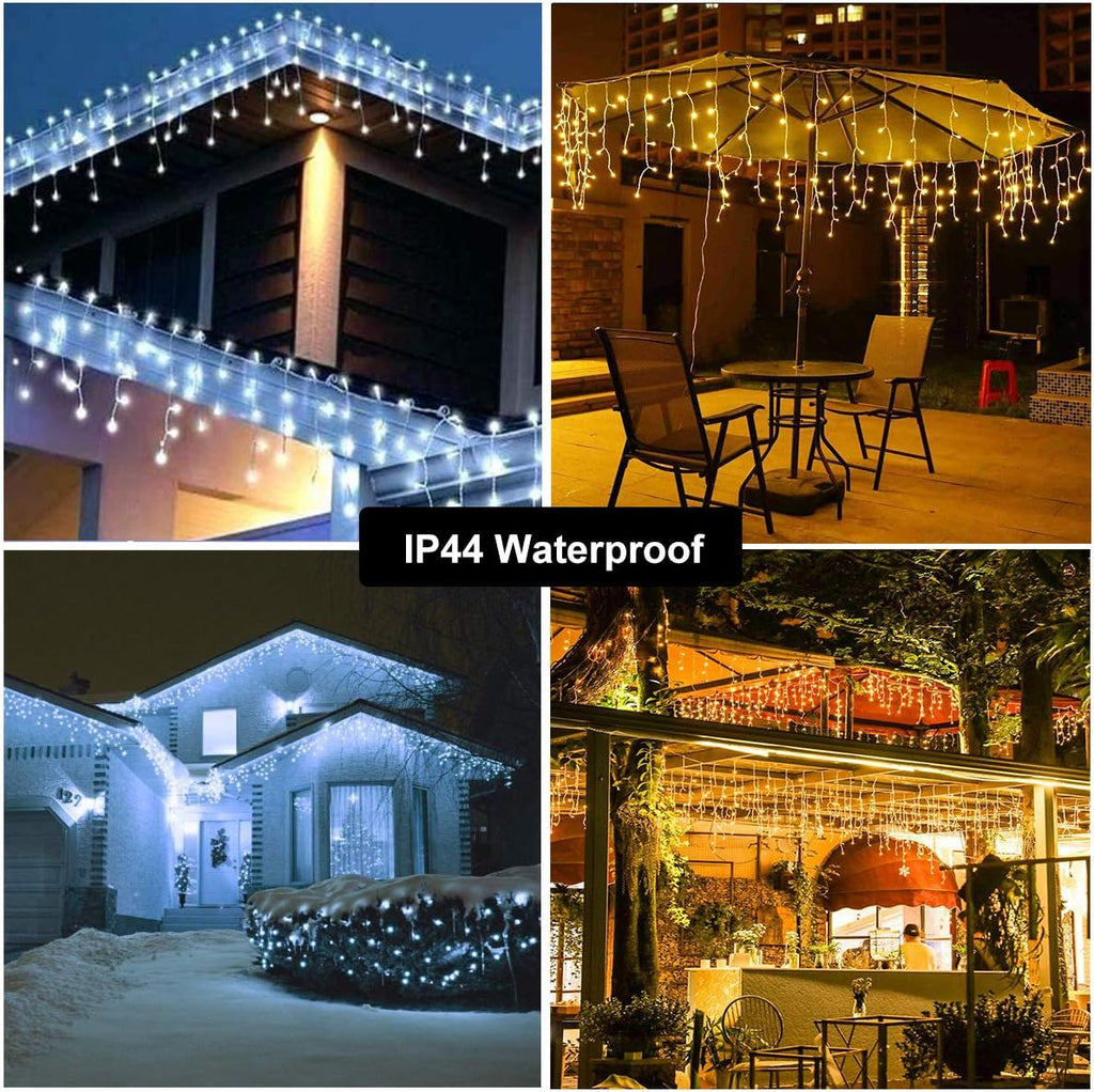 Christmas Icicle Lights Outdoor, 2 in 1 White & Warm White Color Changing Icicle Lights with 60 Drops, 29.5ft 360 LED