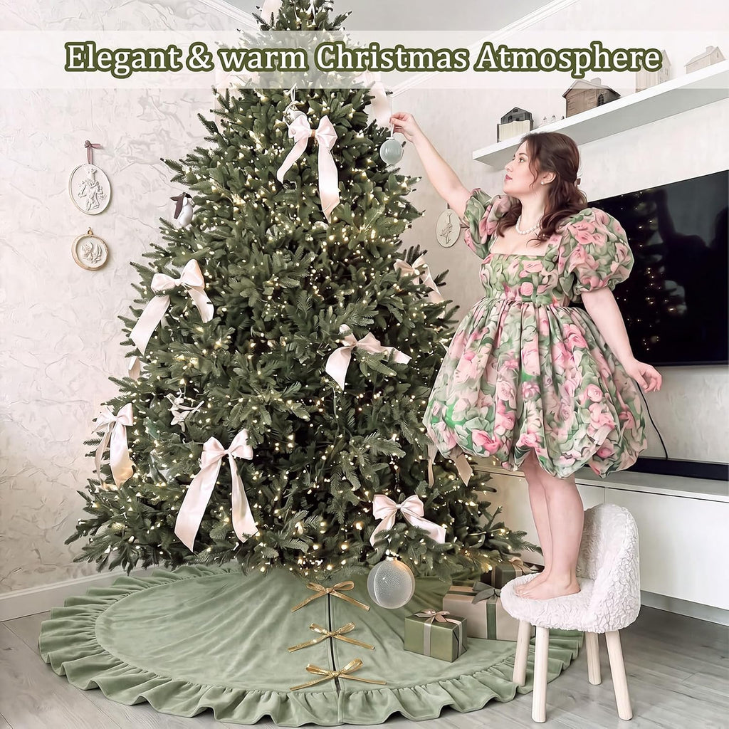 Velvet Christmas Tree Skirt, 48 Inches, Bow Style, Sage Green