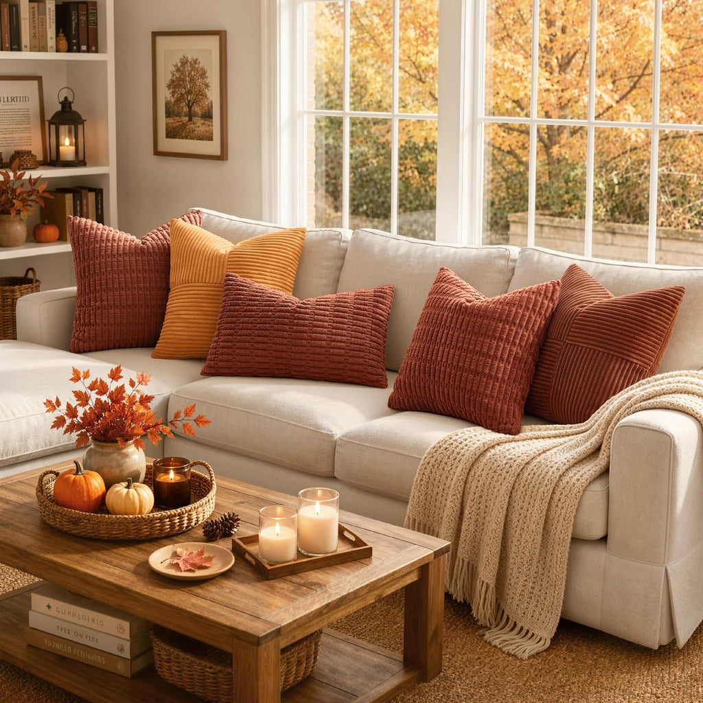 Fall Corduroy Decorative Throw Pillow Covers 18x18 Rust Pack of 2