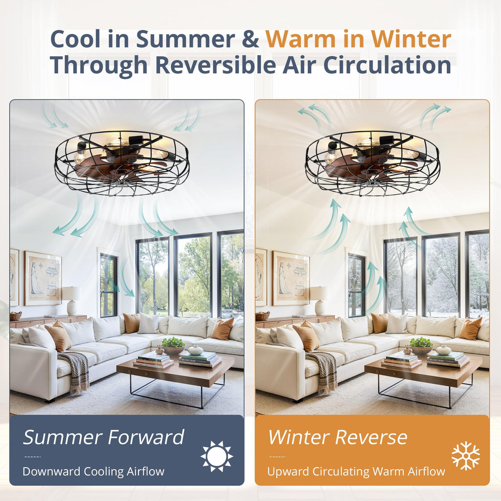 26" Caged Farmhouse Ceiling Fans with Lights and Remote/App, Black