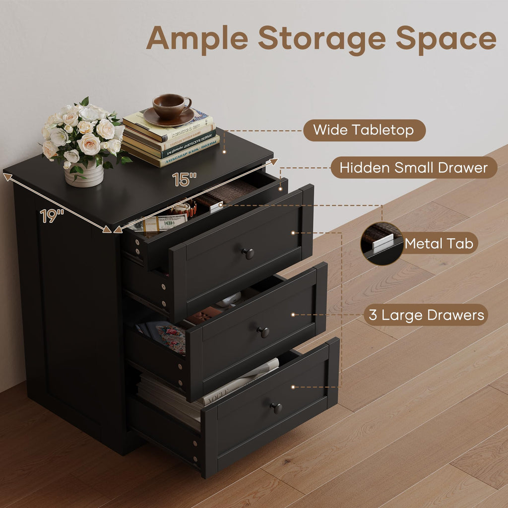 Dresser Set of 2, Black Modern 19'' Wide Wood Chest of Drawers with Hidden Drawer, Storage Organizer with Smooth