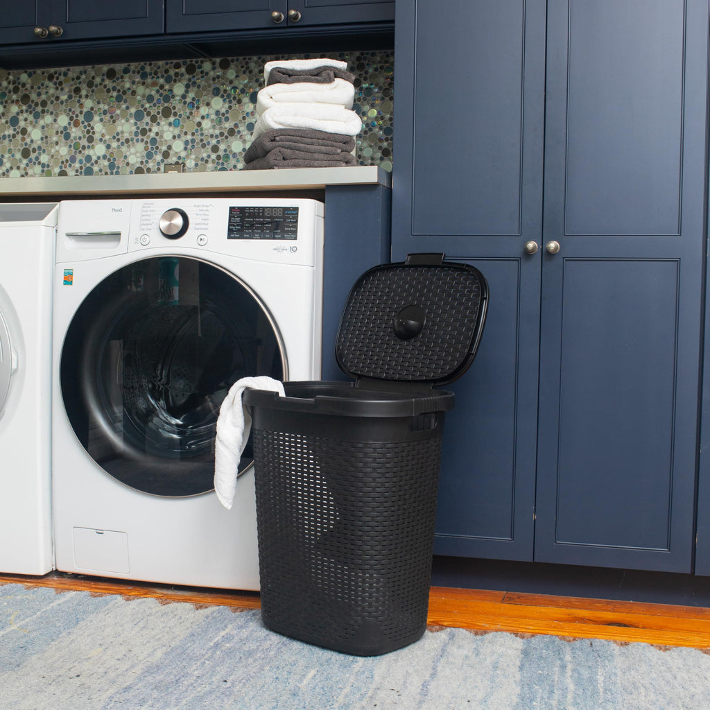 Slim Laundry Hamper with Lid, 50L Clothes Basket, Premium Wicker Design, Plastic, Black