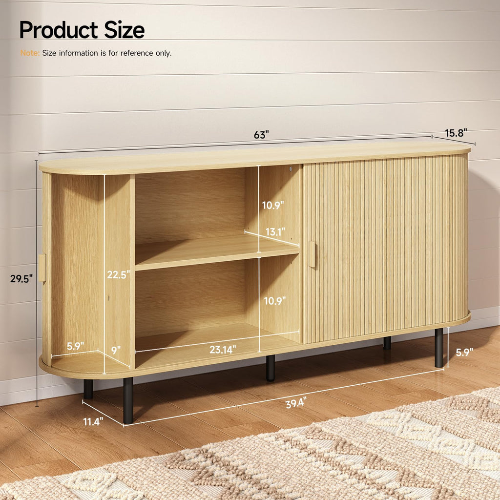 63" Sideboard Buffet Cabinet, Sliding Door/Adjustable Shelf, Oak