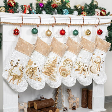 New Christmas Stockings Set of 6 Embroidered 20" Xmas Family Traditional Fireplace Hanging Gold Sequin Decor Velvet