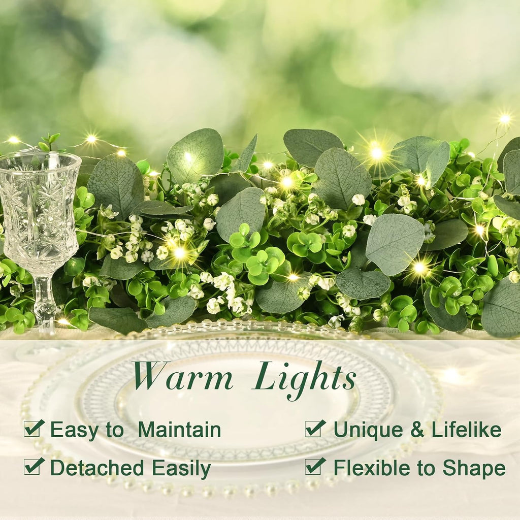 Eucalyptus Garland with Lights, Greenery Garland, Green Garland with Flowers, 5.9FT Artificial Faux Eucalyptus - Set of 4