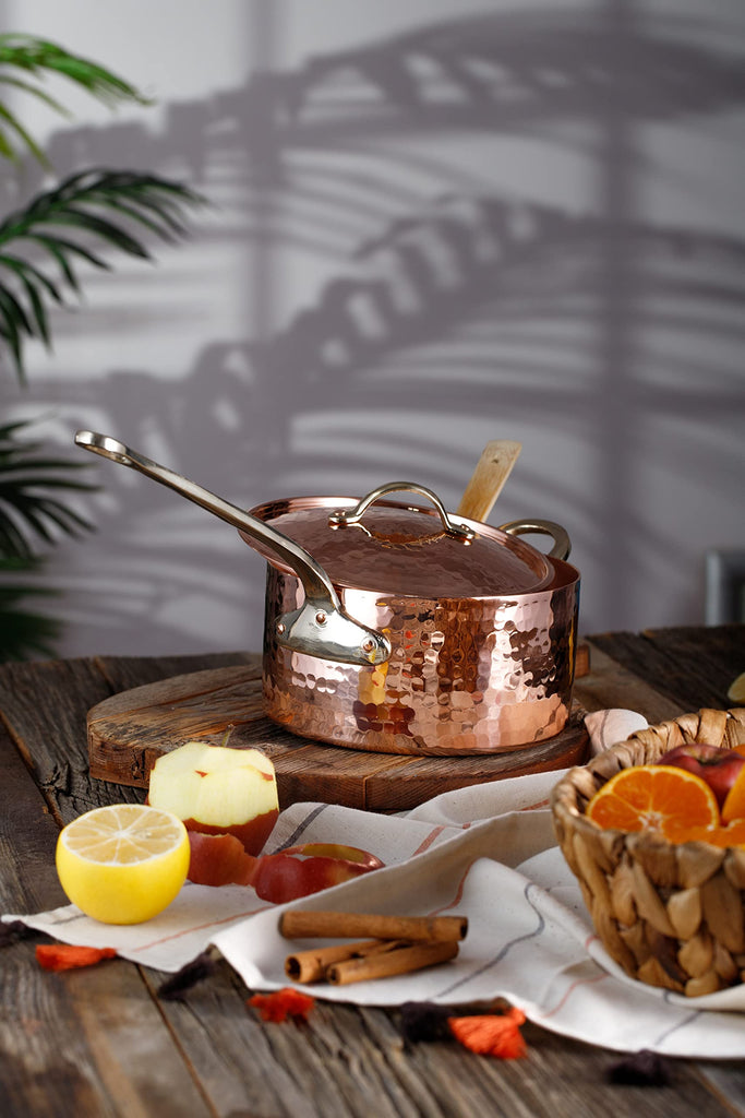 1.2mm Thick Hammered Uncoated Copper Saucepan with Lid & Helper Handle, Food-Safe Tin Lined (1.7-Quart)