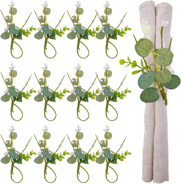 Napkin Rings - Mini Greenery Eucalyptus Leaf Napkins Rings for Wedding Table Decor, Flower Napkin Ring - Set of 12