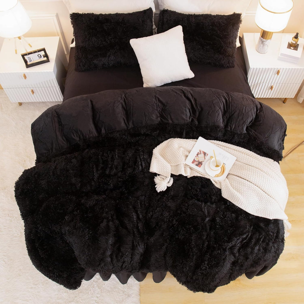 Queen Comforter Set Black, Fluffy Winter Faux Fur Warm Soft Plush Bedding Comforter Set (1 Velvet Comforter & 2