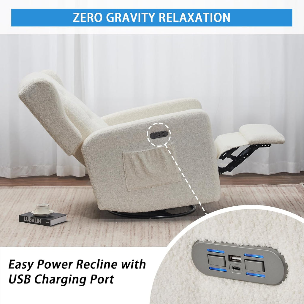 Swivel Rocker Power Recliner Chair , 270° Swivel Glider Recliner with USB & Type-C Charging, Electric Reclining Chair