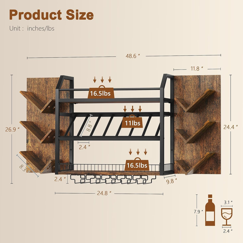 48.6in Wall Mounted Wine Rack, 3 Tier Hanging Wine Racks with Glass Holder, Large Capacity Bar Shelves, Metal Wood