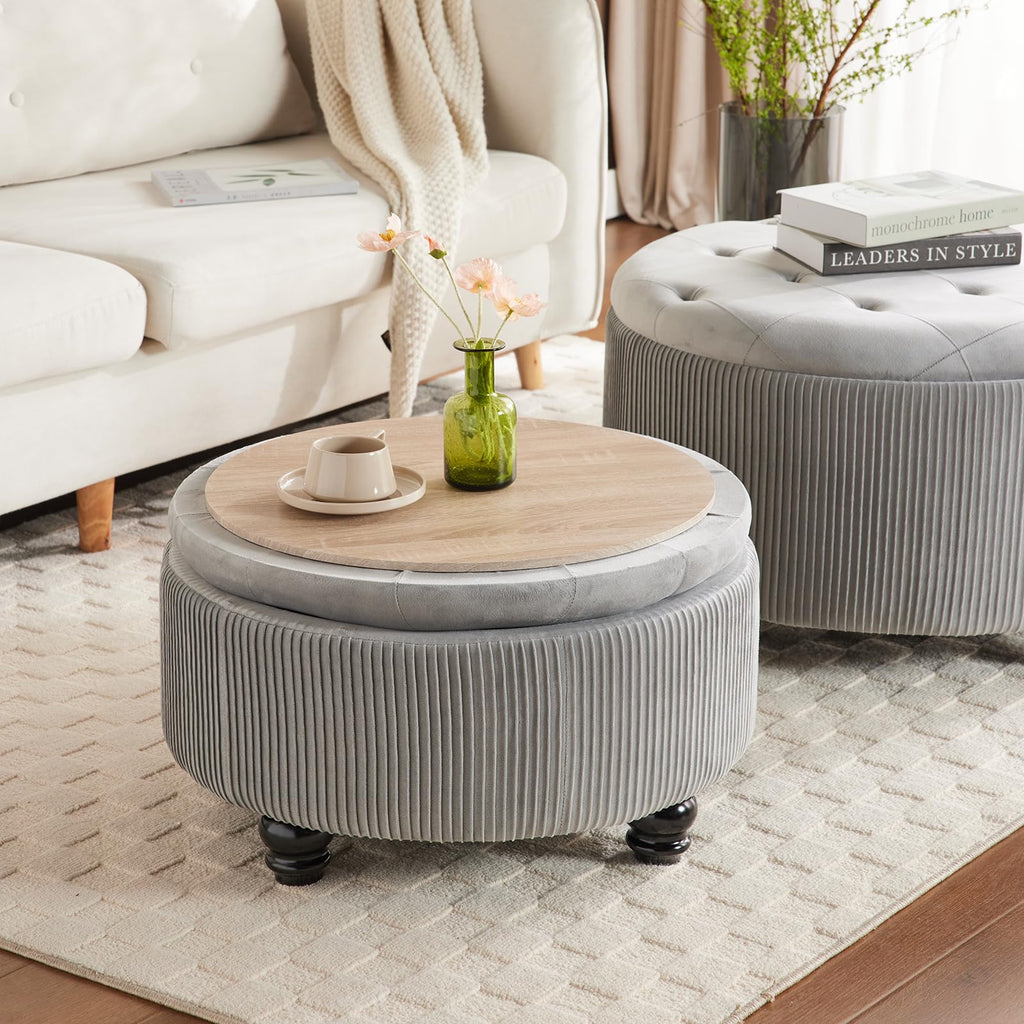 29'' & 24.5'' Round Storage Ottoman Coffee Table Set of 2, Light Gray