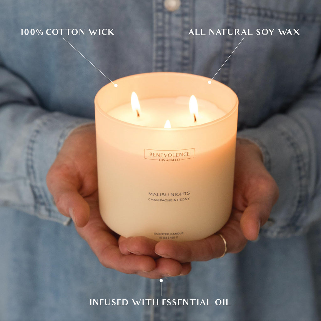 Champagne & Peony - Large 3-Wick Scented Candle | 15oz, 50-Hour Burn | Natural Soy Wax, Cotton Wicks | Gift Ideas for